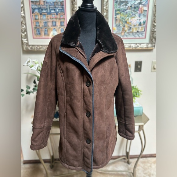 NAUTICA Brown Teddy Coat with Faux Suede & Black Faux Fur Collar Winter Ski Sz M - Picture 9 of 9